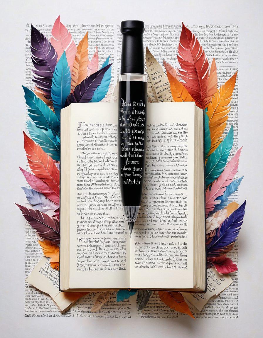 A collage featuring an open novel with elegant pages turning, surrounded by floating words and phrases in various fonts representing diverse narrative styles. Include an abstract depiction of a quill pen and ink bottle to symbolize writing, with a backdrop of soft pastel colors blending into vibrant hues. Capture the essence of creativity and diversity in literature. super-realistic. vibrant colors. white background.