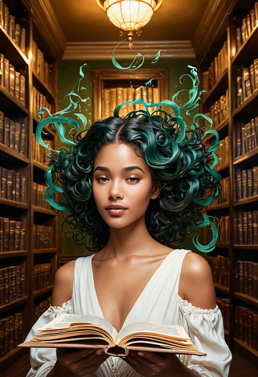 A whimsical illustration of a woman surrounded by floating pages filled with text, symbolizing her literary contributions. The background features a dreamy library with towering shelves, soft golden lighting casting a warm glow. Include elements like an inkwell and quill, intertwined with vines representing growth and legacy. Capture her essence as a visionary thinker. vibrant colors. painting. whimsical style.