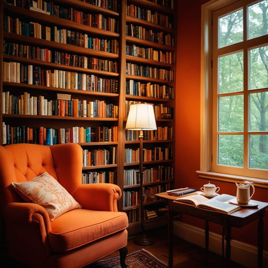 A captivating bookshelf filled with Martina Klein's novels and essays, surrounded by open books with highlighted passages and a steaming cup of tea. A quill pen rests on scattered pages, symbolizing the writing process, while a cozy armchair invites readers to dive into her literary world. Warm, inviting colors with soft lighting create an intimate atmosphere. artistic style: super-realistic, cozy, warm colors.